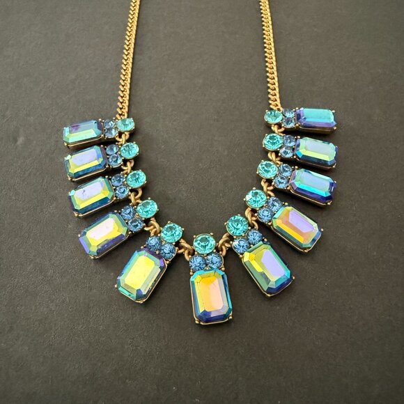 J Crew Statement Necklace Iridescent Blue Turquoise Crystal Stones Gold Adjustab - Picture 4 of 16